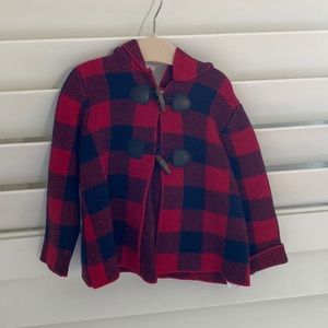 Red and navy plaid sweater with hood
